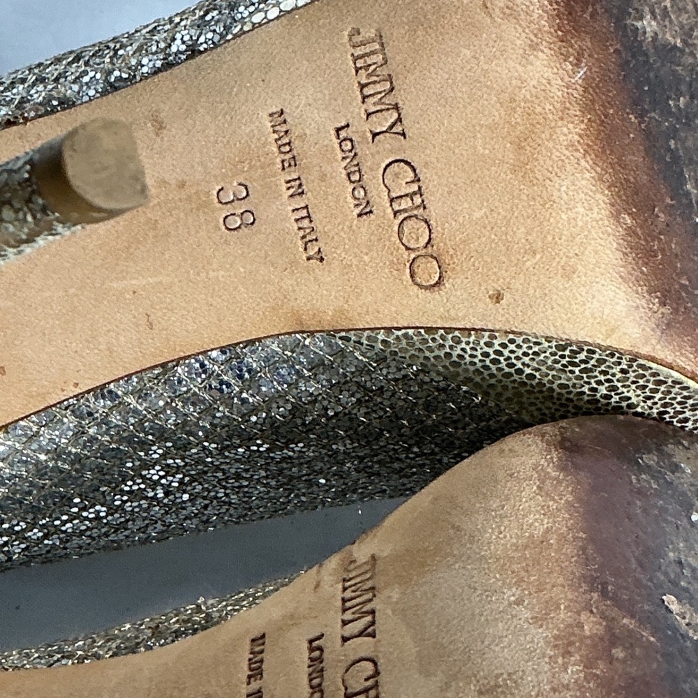 Jimmy Choo Champagne Gold Glitter Peep Toe Platform Pumps Heels Size 38 - Picture 9 of 11